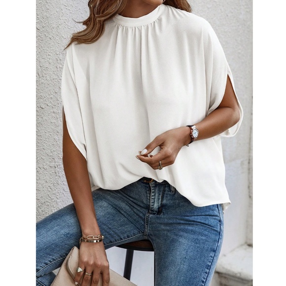 White Blouse Top Flowy, High Neck - Picture 3 of 11